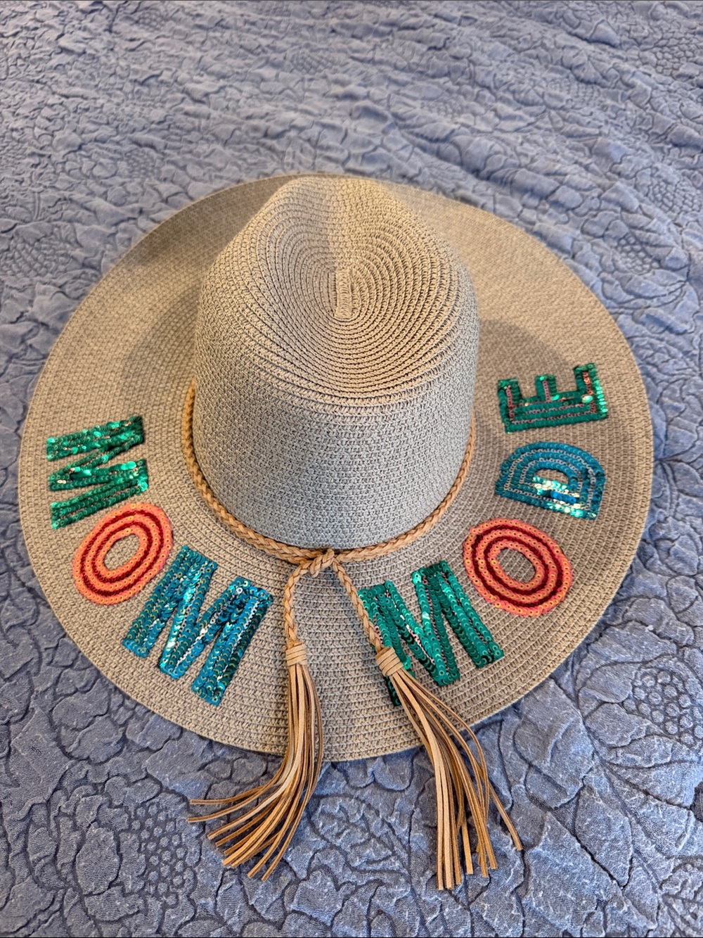 Judith March Beige Straw Sun Hat with Green and Coral Sequin "MOM MODE"